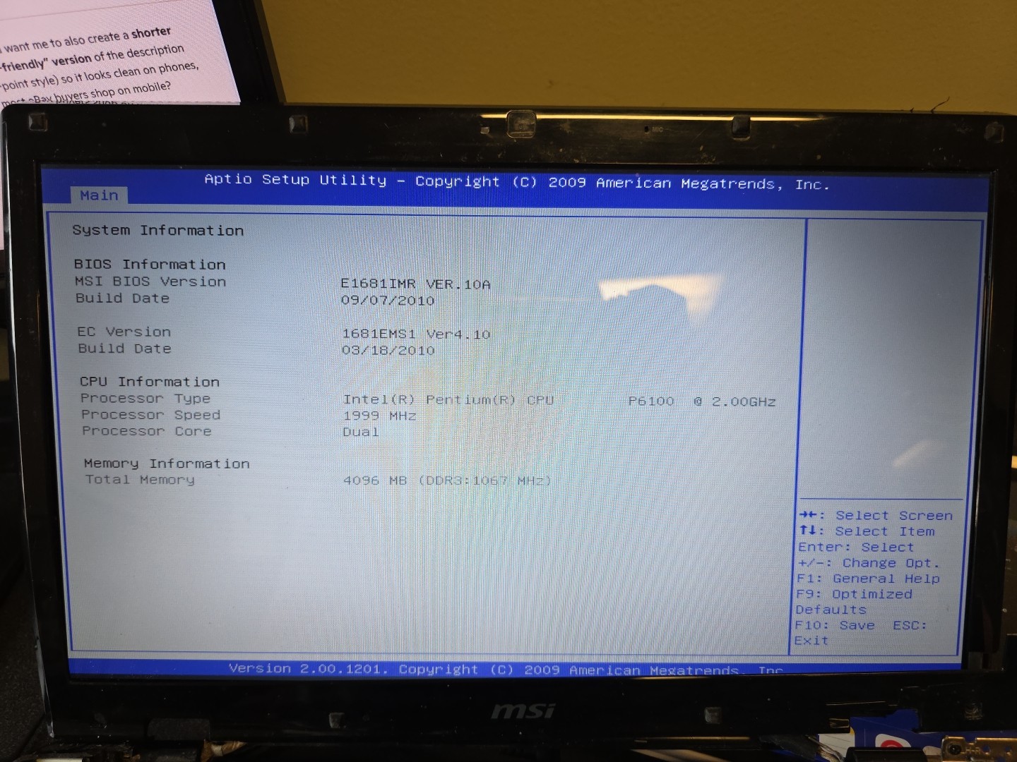 MSI A6200 Laptop (MS-1681) | Intel Pentium P6100 | 15.6″ | 4GB RAM | 320GB HDD