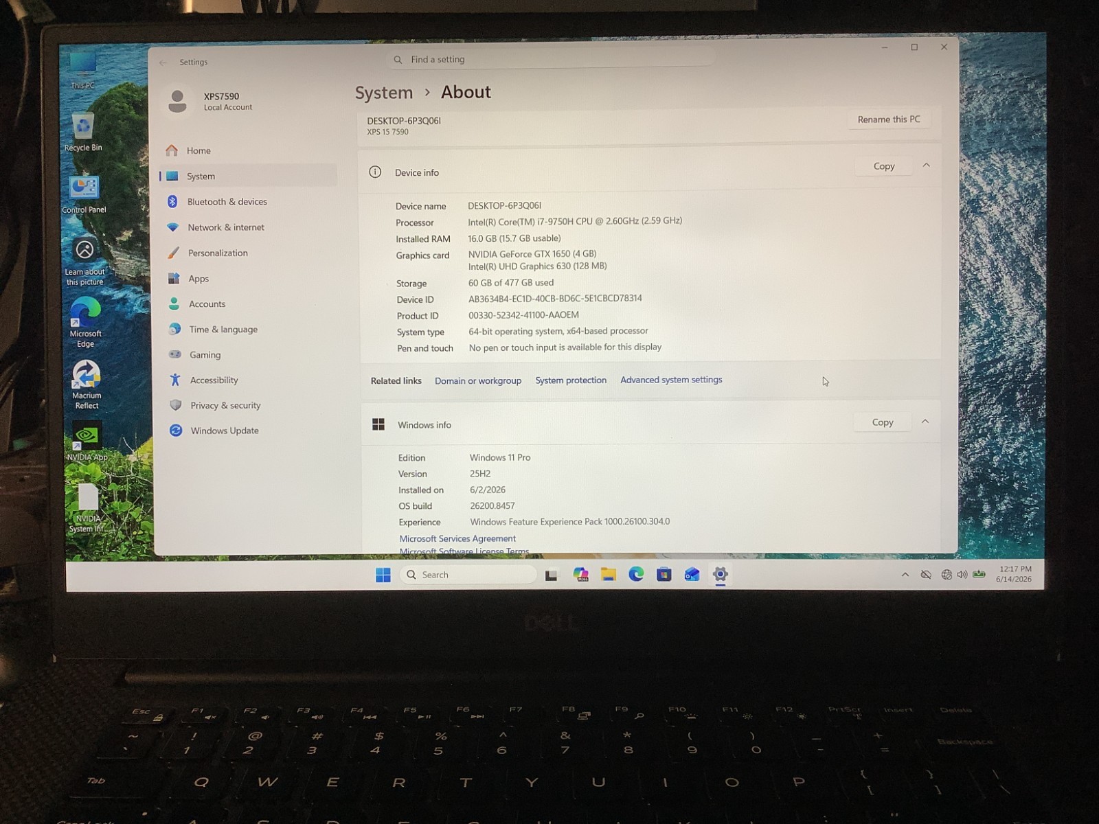 Dell XPS 7590, Gaming GTX 1650, i7-9750H, 16GB-512GB NVMe, Win 11 Pro # 6SQ6YY2