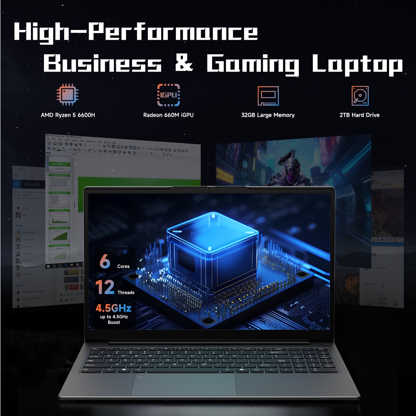 NIMO 15.6” Gaming-Laptop 6-Cores AMD Ryzen 5 6600H 16GB DDR5 512GB SSD 4.5GHz
