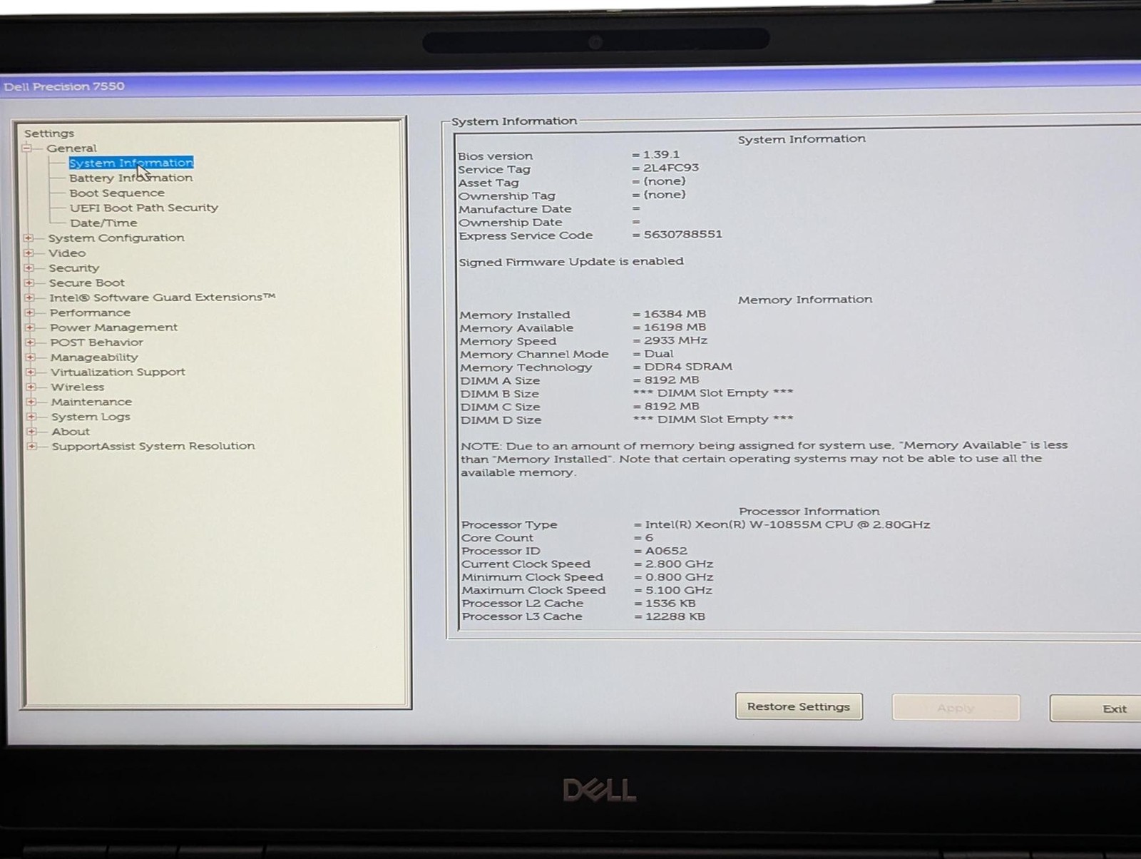 Dell Precision 7550 15″ W-10855M 2.80GHz 16GB RAM 512GB SSD- Grade D