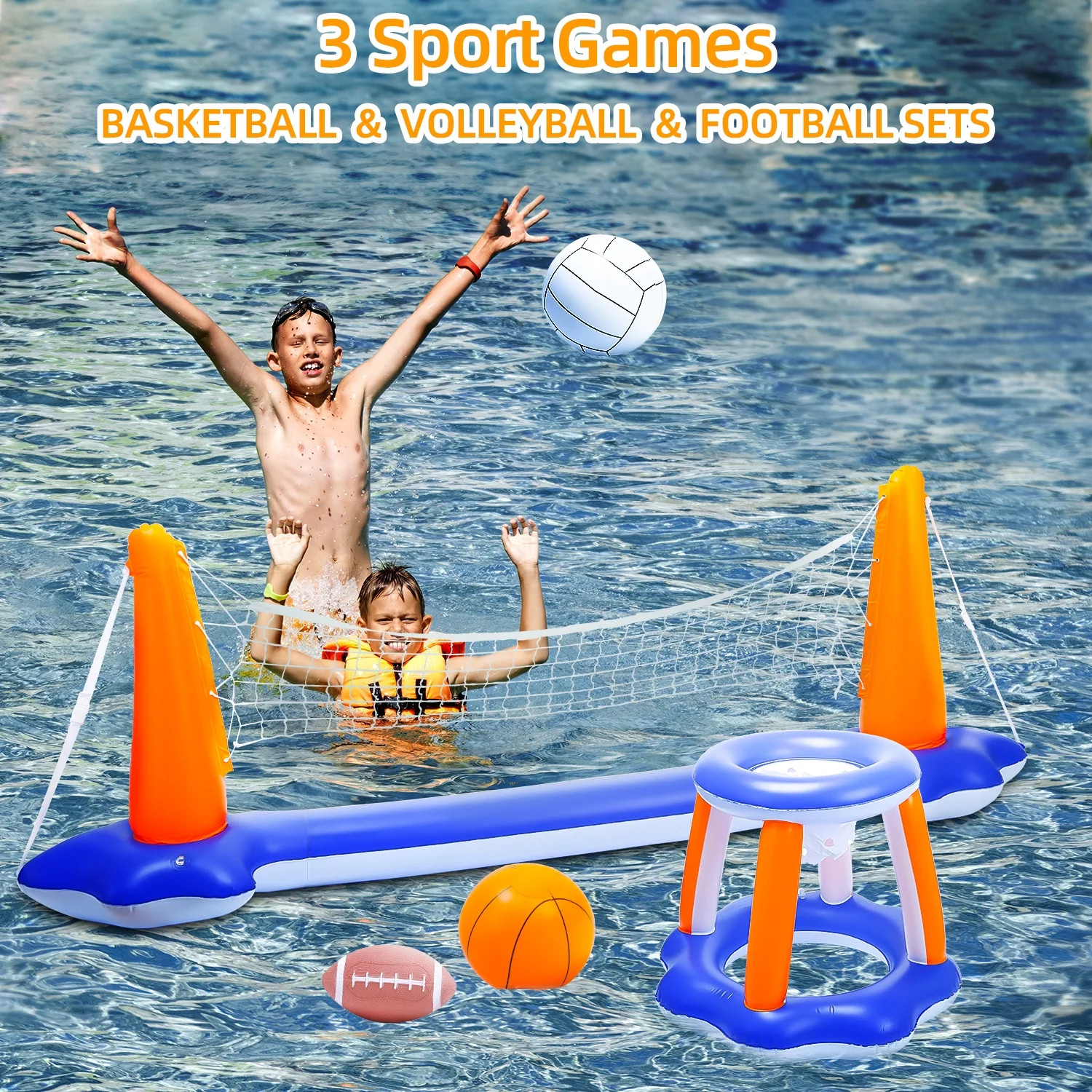 Inflatable Pool Toys, 2-In-1 Swimming Pool Basketball & Volleyball Sets, Floatin