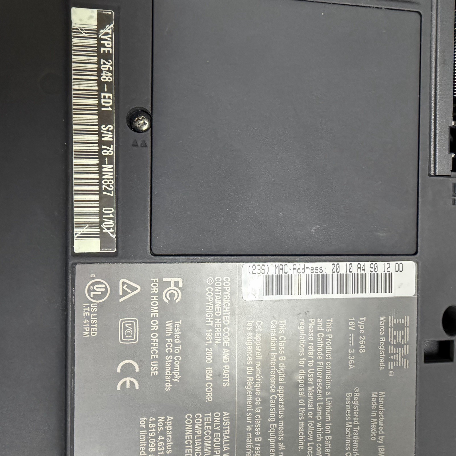 IBM Lenovo T Series ThinkPad T21 2648-ED1 PIII 800MHz 256KB 256MB RAM WIN 98