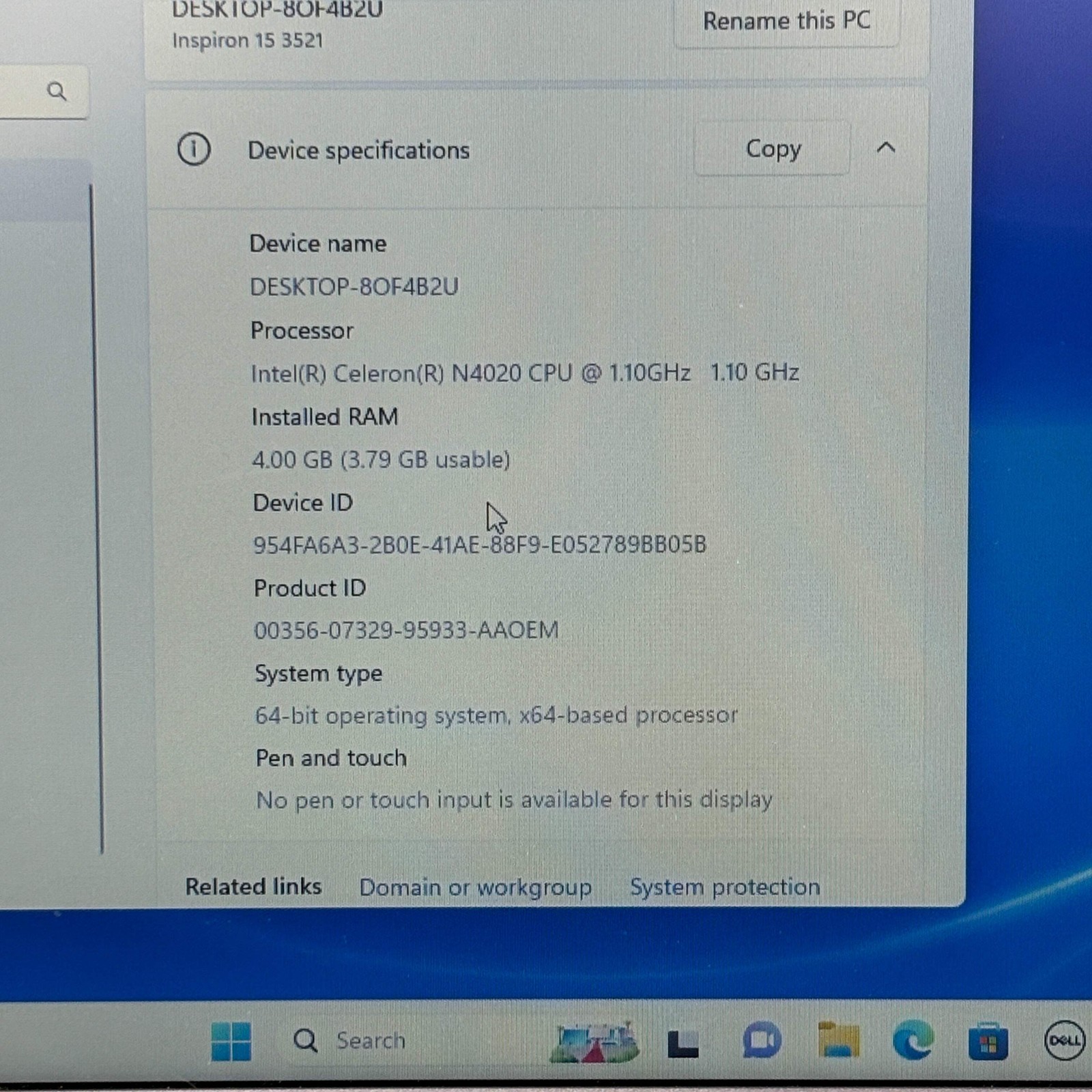 Dell Inspiron 15 15.6″ Celeron N4020 1.10Ghz 4GB RAM 128GB SSD