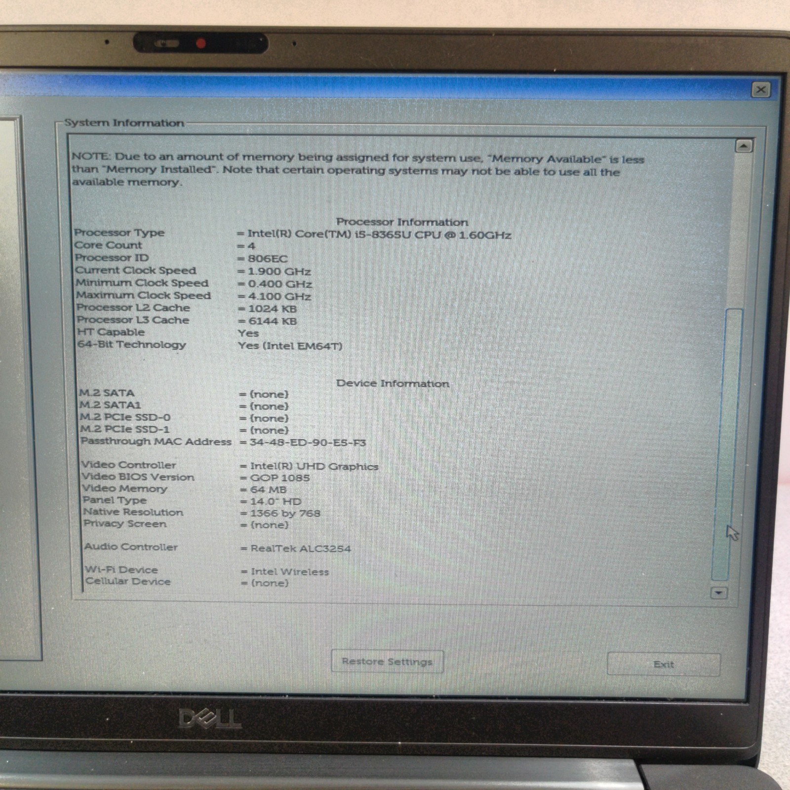Dell Latitude 7400 14″ i5-8365U 16GB RAM NO SSD/OS/AC ADAPTER – TESTED