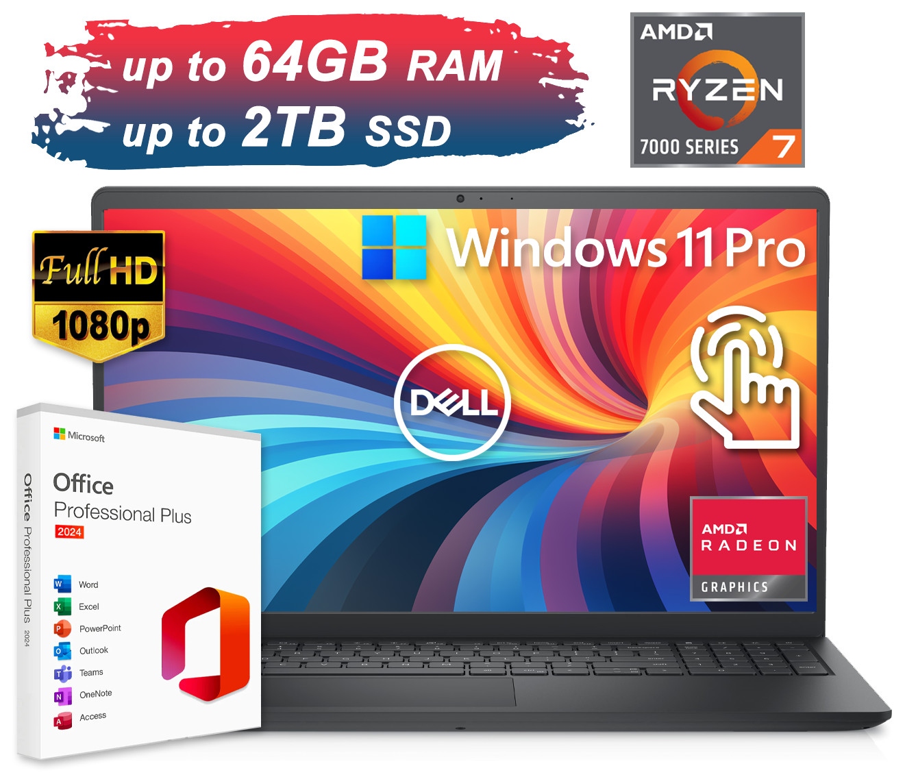 2026 Dell Inspiron 15.6 Laptop FHD Touch 8-Core Ryzen 7 Max 64GB RAM 2TB SSD Pro