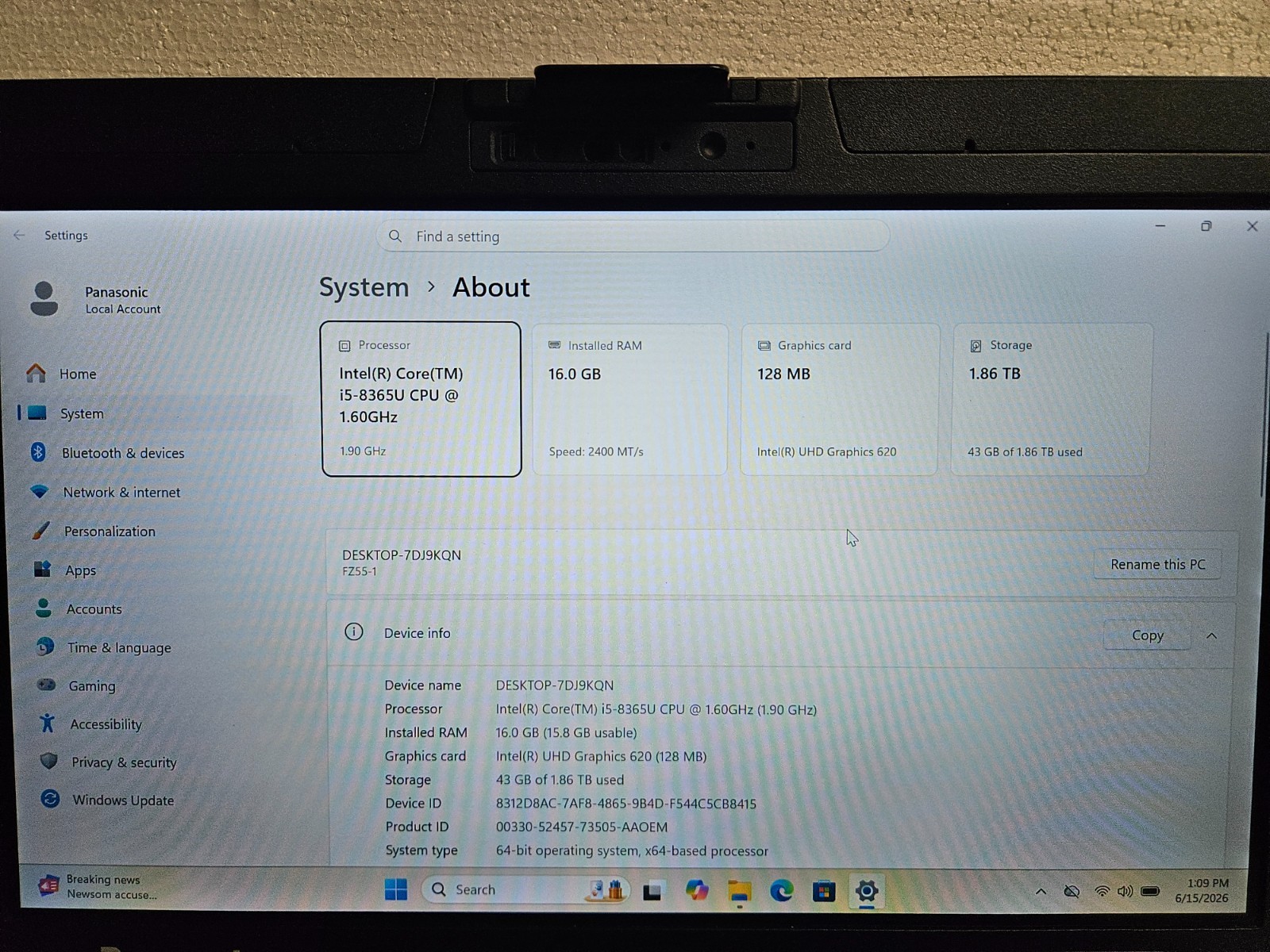 Panasonic FZ-55 Toughbook Laptop Intel Core i5-8365U 1.6GHz 16 GB RAM 2 TB SSD