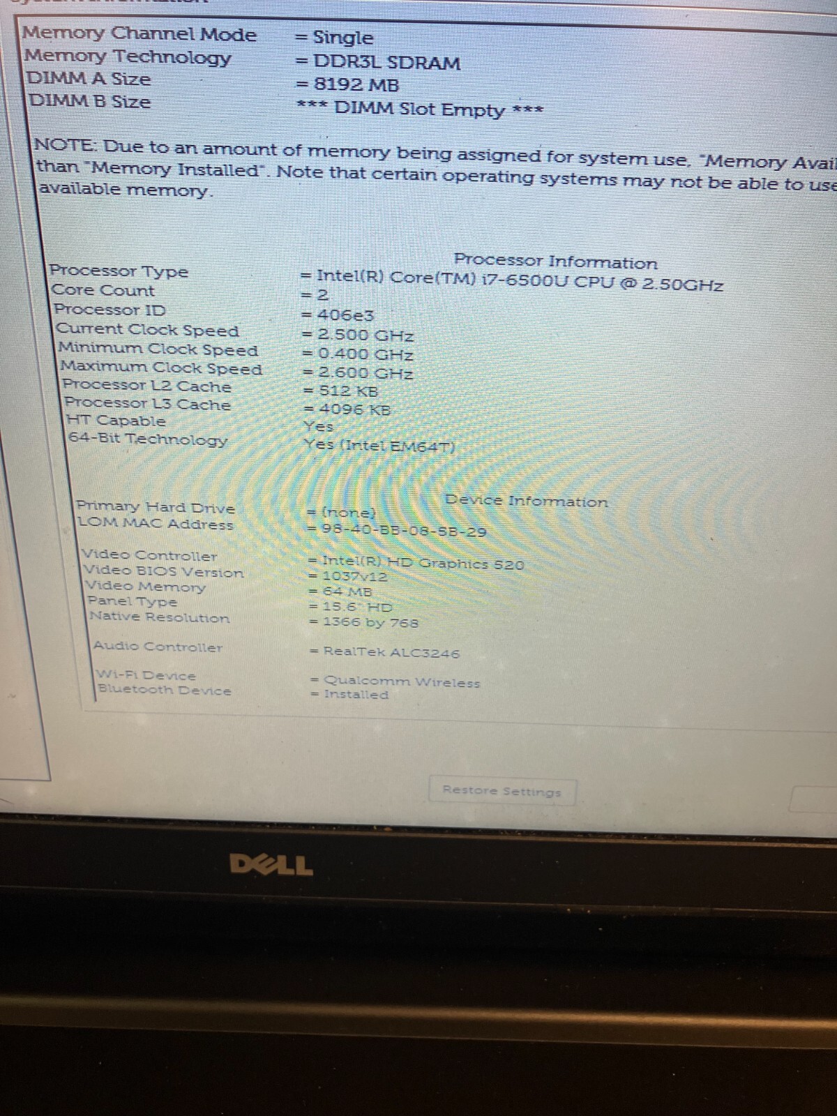 Dell Latitude 3570 15″ Core i7-6500U 2.5GHz 8GB RAM NO HDD FOR PARTS