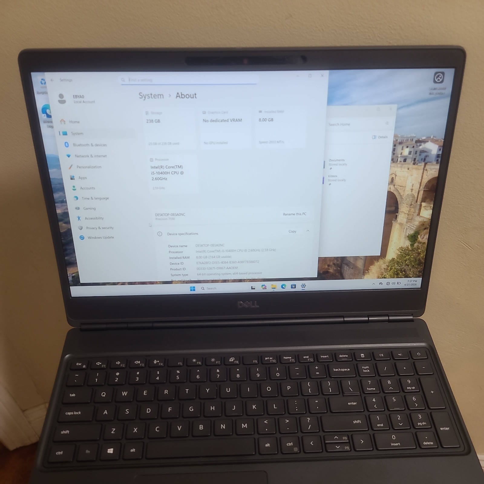 Dell Precision 7550 i5-10400H 2.60GHz 8GB Ram 256GB M2SSD UBUNTU Laptop +AC
