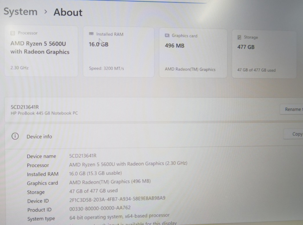 HP ProBook 445 G8 14” (512GB SSD AMD Ryzen 5 5600U 16GB RAM) Win 11 Pro