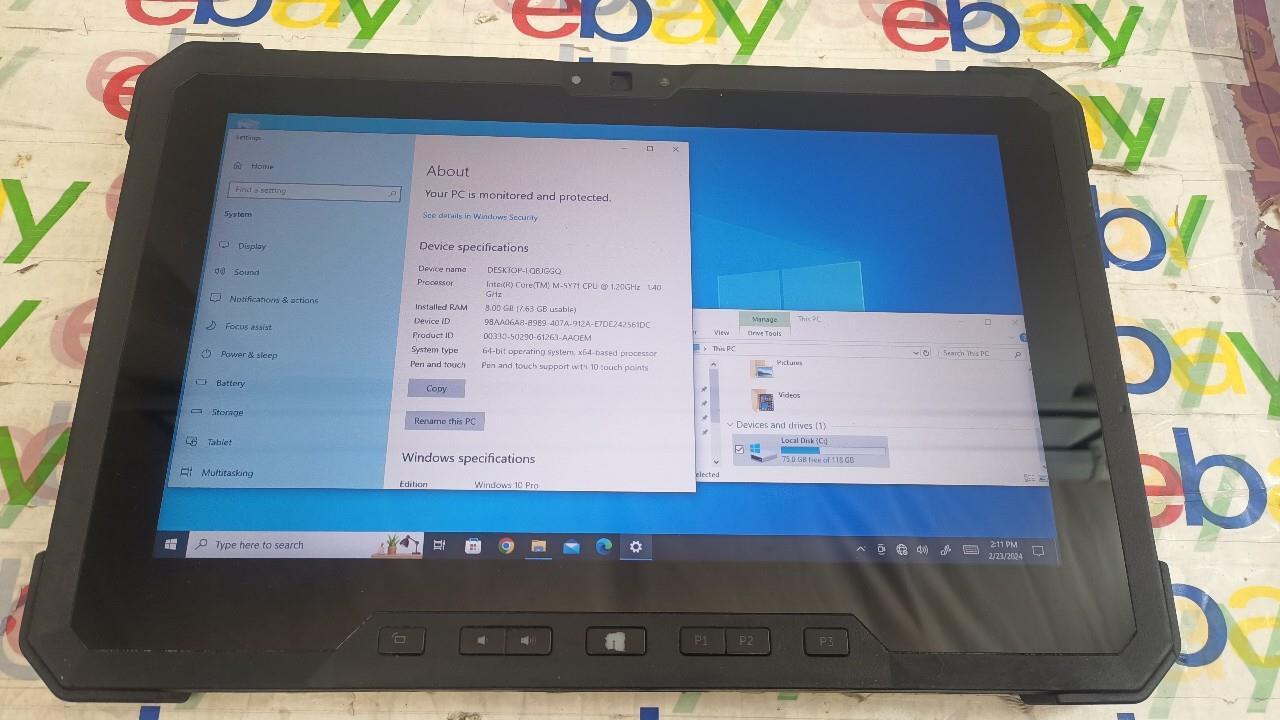 Dell Latitude 7202 Rugged Tablet 5th Gen Core M-5Y71 8GB 128GB Win10 BAD USB