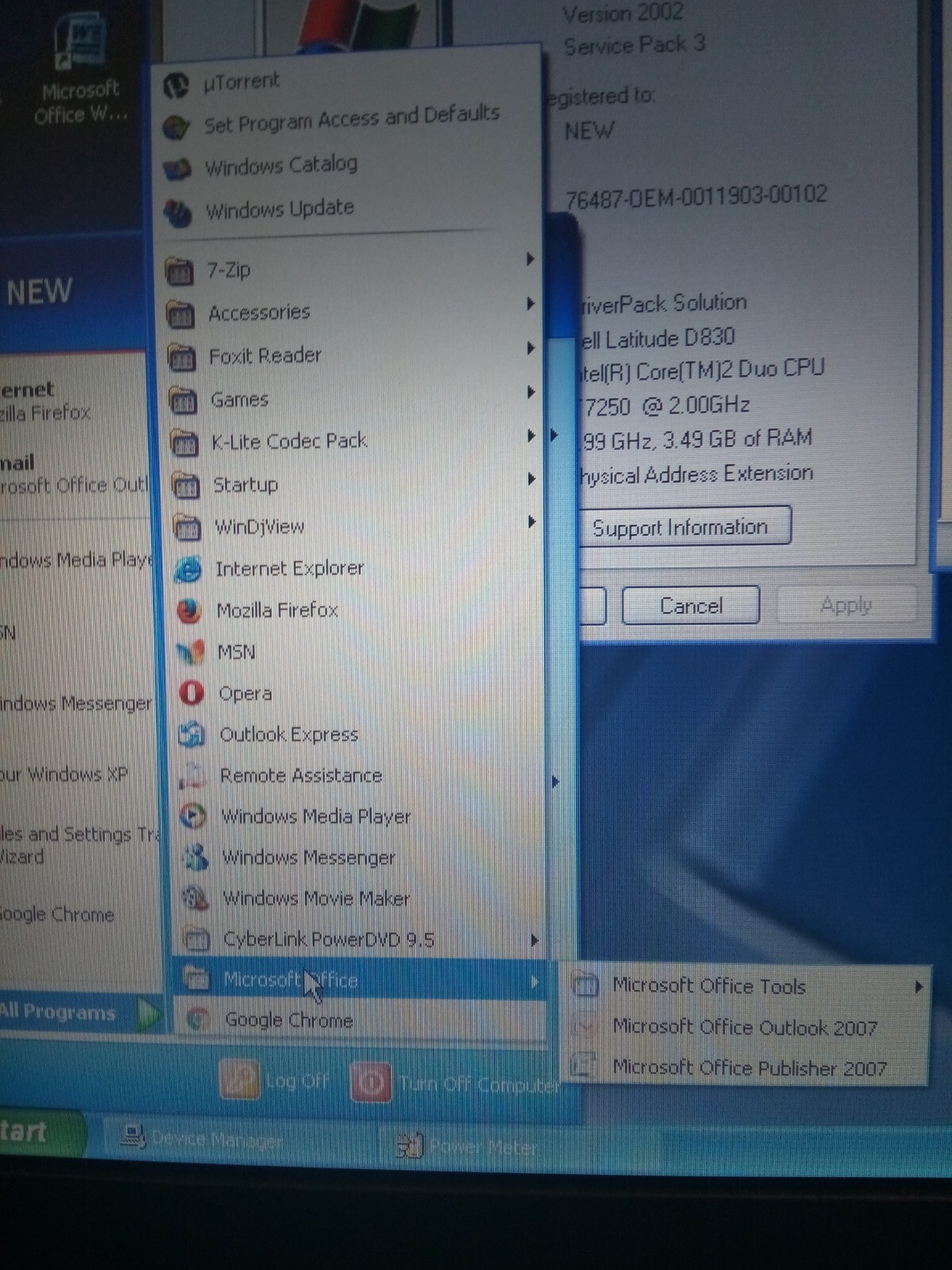 DELL LATITUDE D830 T7250 2.00GHZ 4GBRAM 256GBSSD WINXPSP/3 OFFICE 2007