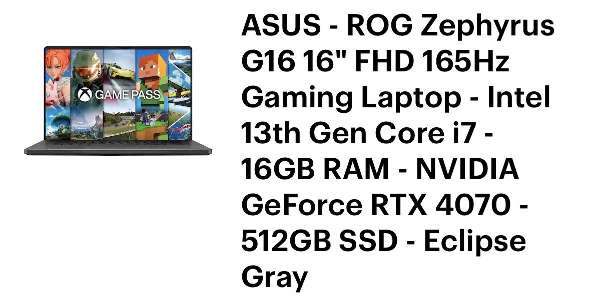 ASUS ROG Zephyrus G16 16in 16GB (Upgraded to 32GB)