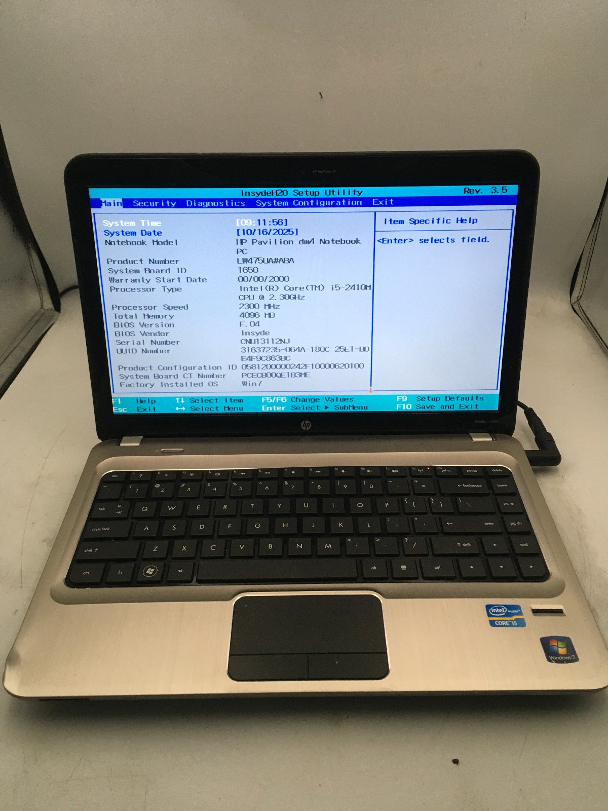 HP PAVILION DM4 2070US – BOOTS TO BIOS – INTEL I5 2410M – NO RAM – READ DESC-BB