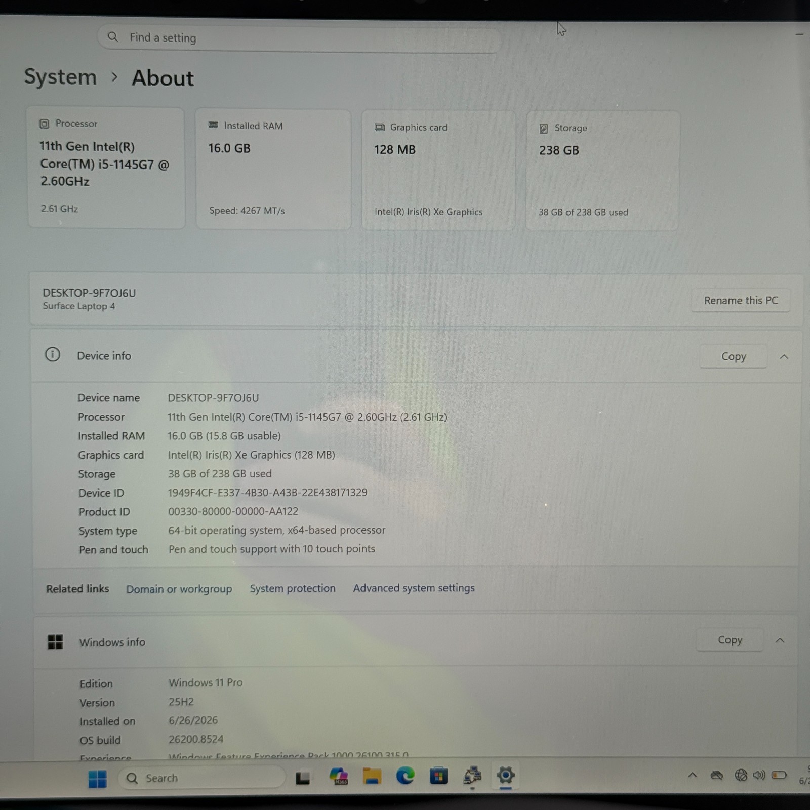 Microsoft Surface Laptop 4 1951 13.5″ i5-1145G7 16GB 256GB SSD Win11 Pro Dent