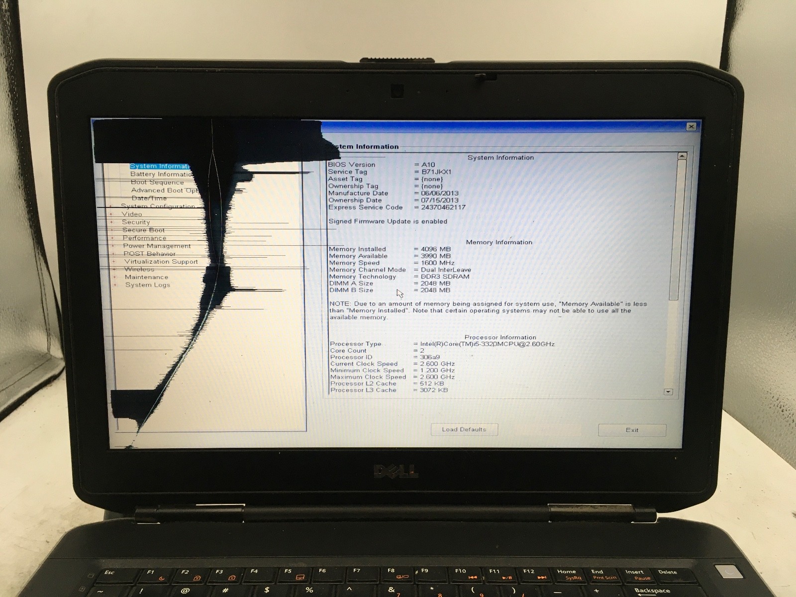 DELL LATITUDE E5430 – BOOTS TO BIOS/BAD LCD – INTEL I5 3320 – 4GB RAM – READ -BB