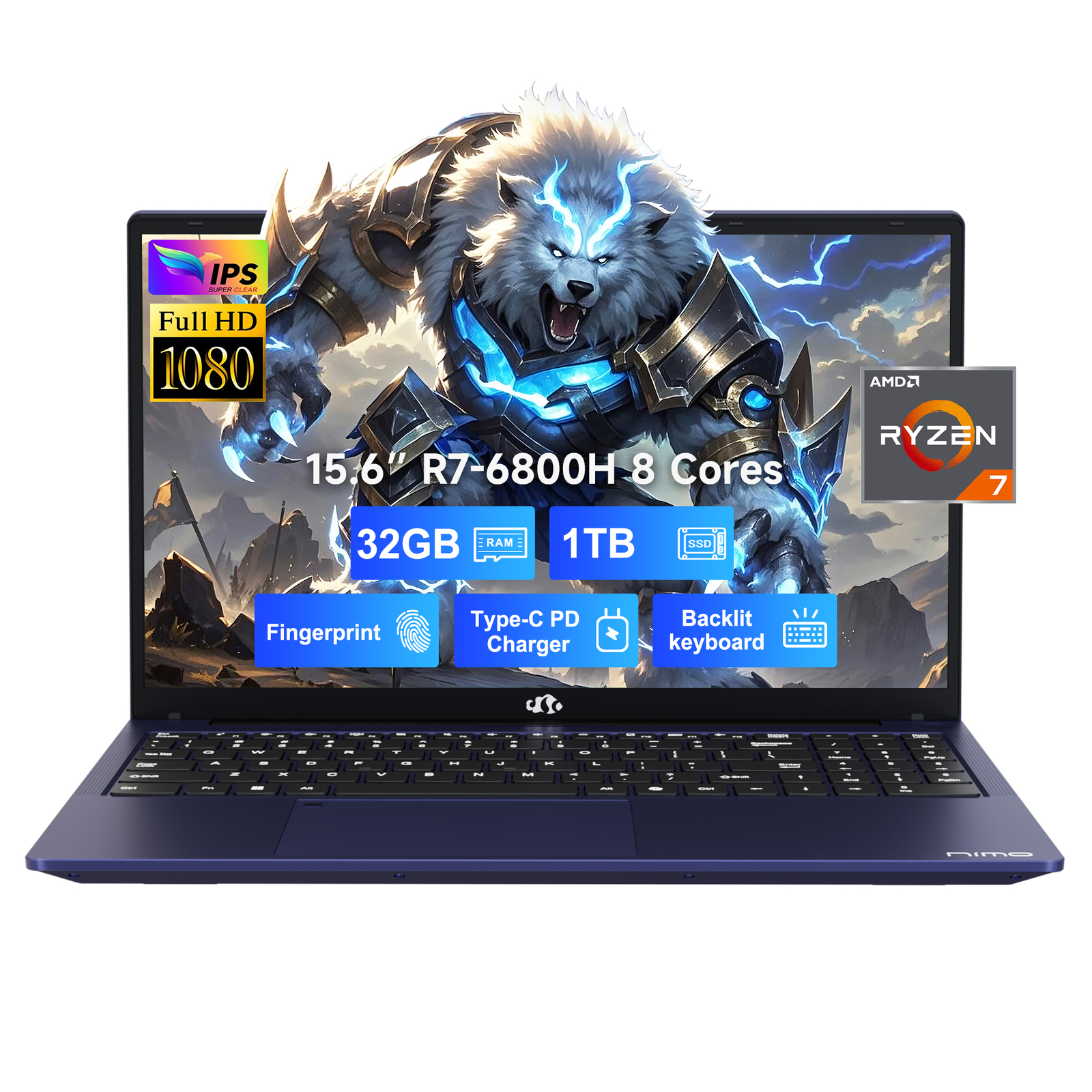 NIMO 15.6 IPS FHD-Gaming-Laptop 8 Cores AMD Ryzen 7 6800H, 32GB DDR5 RAM 1TB SSD