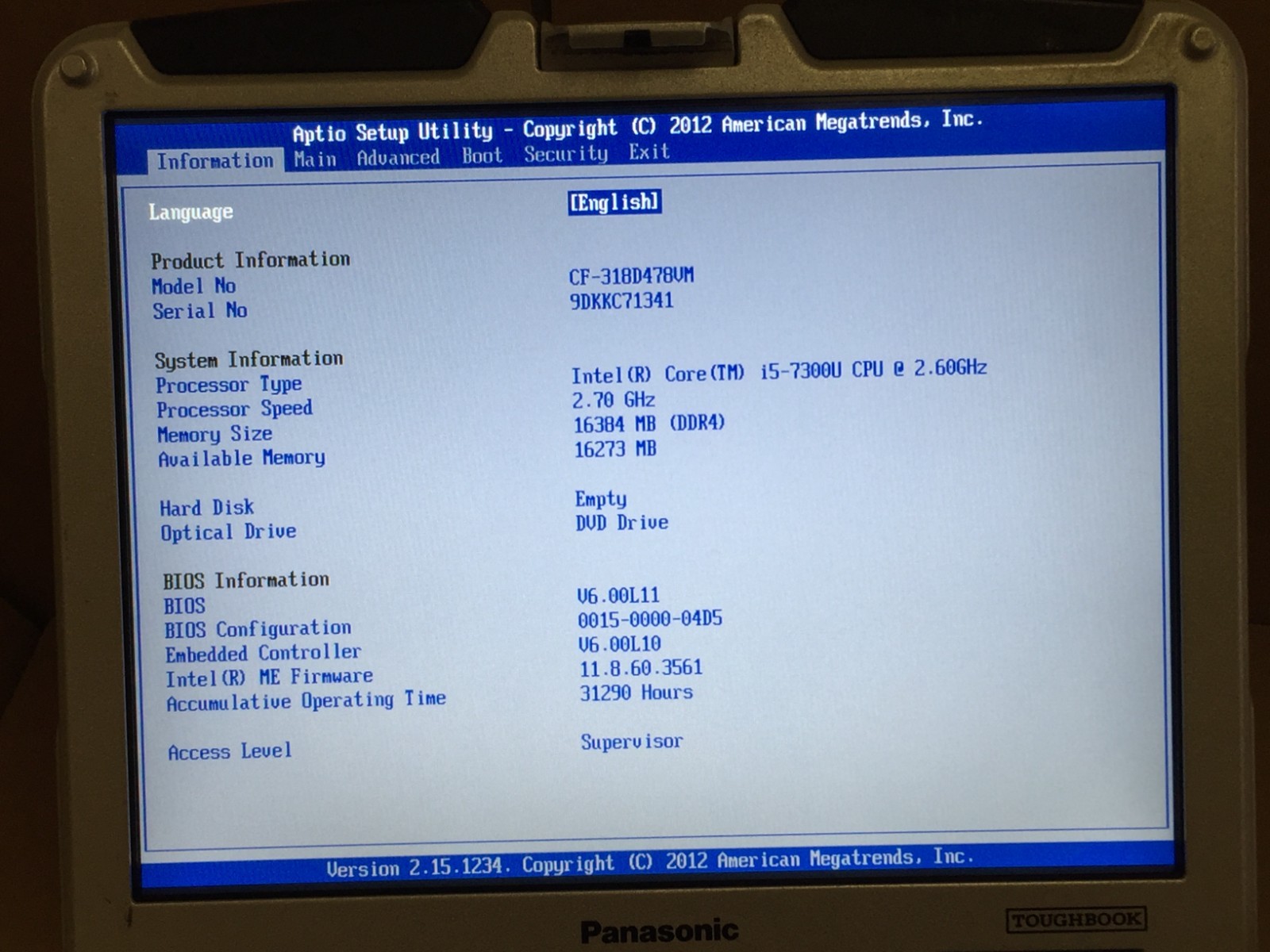 Panasonic Toughbook CF31 MK6 Touchscreen i5-7300U 16GB DDR4 DVDRW No HD/Caddy/AC