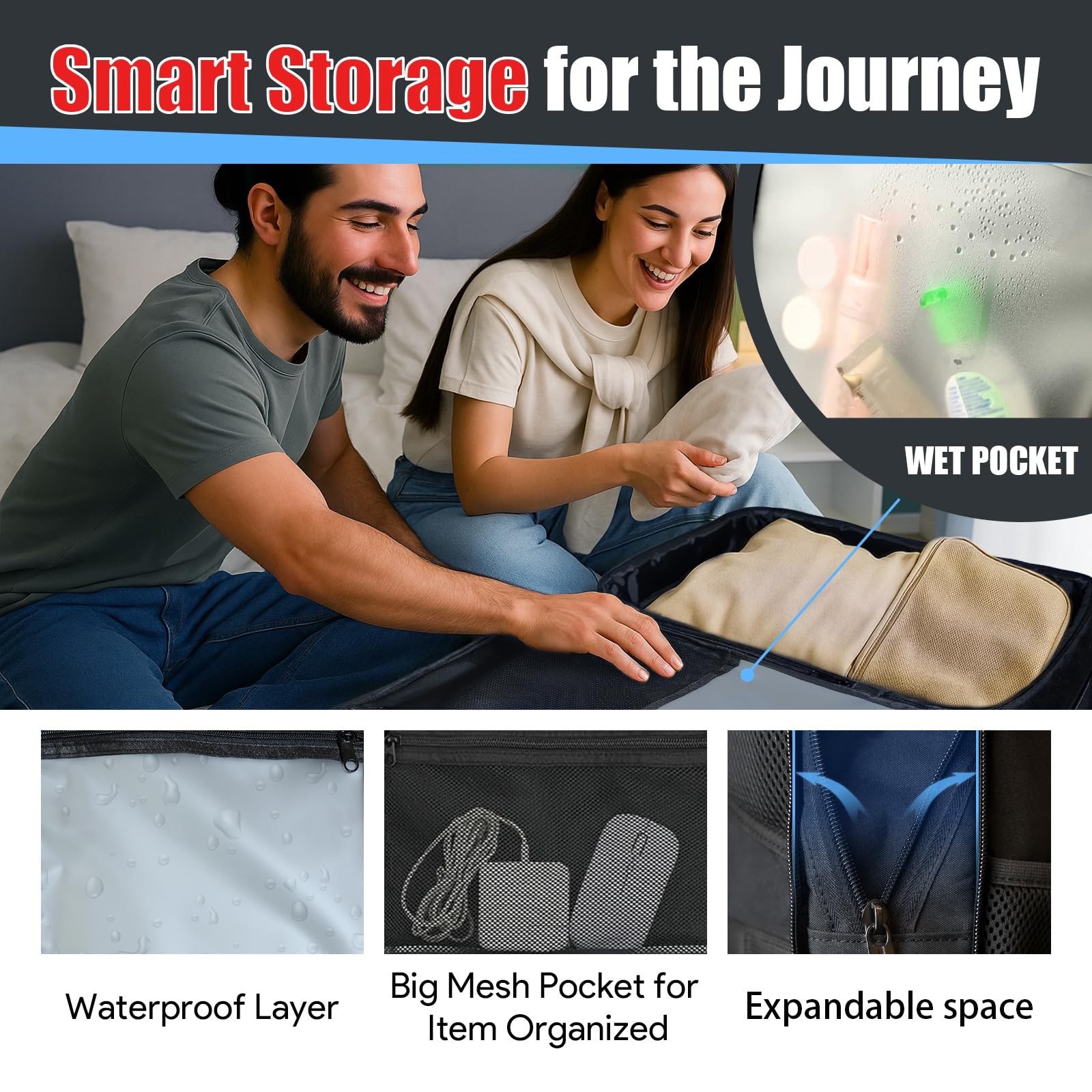 JARWAM Expandable Travel Backpack 50L-60L, Extra Large Carry on Backpack Hiking