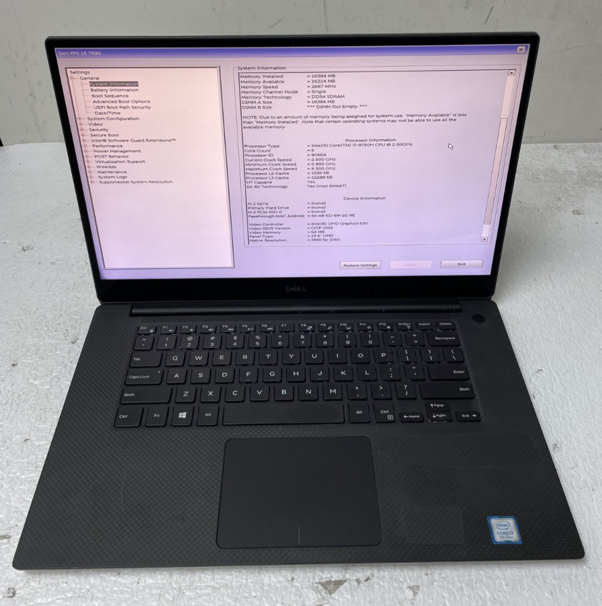 Dell XPS 15 7590 15.6″ Intel i7-9750H @2.60GHz 16GB RAM NO SSD For Parts *READ