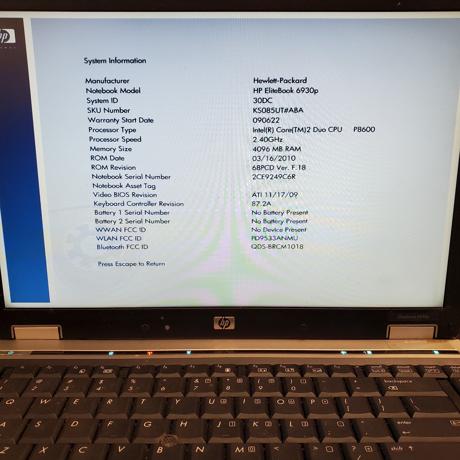 HP EliteBook 6930p Intel Core 2 Duo P8600 2.4GHz 4GB RAM No HDD 14.1″ Notebook