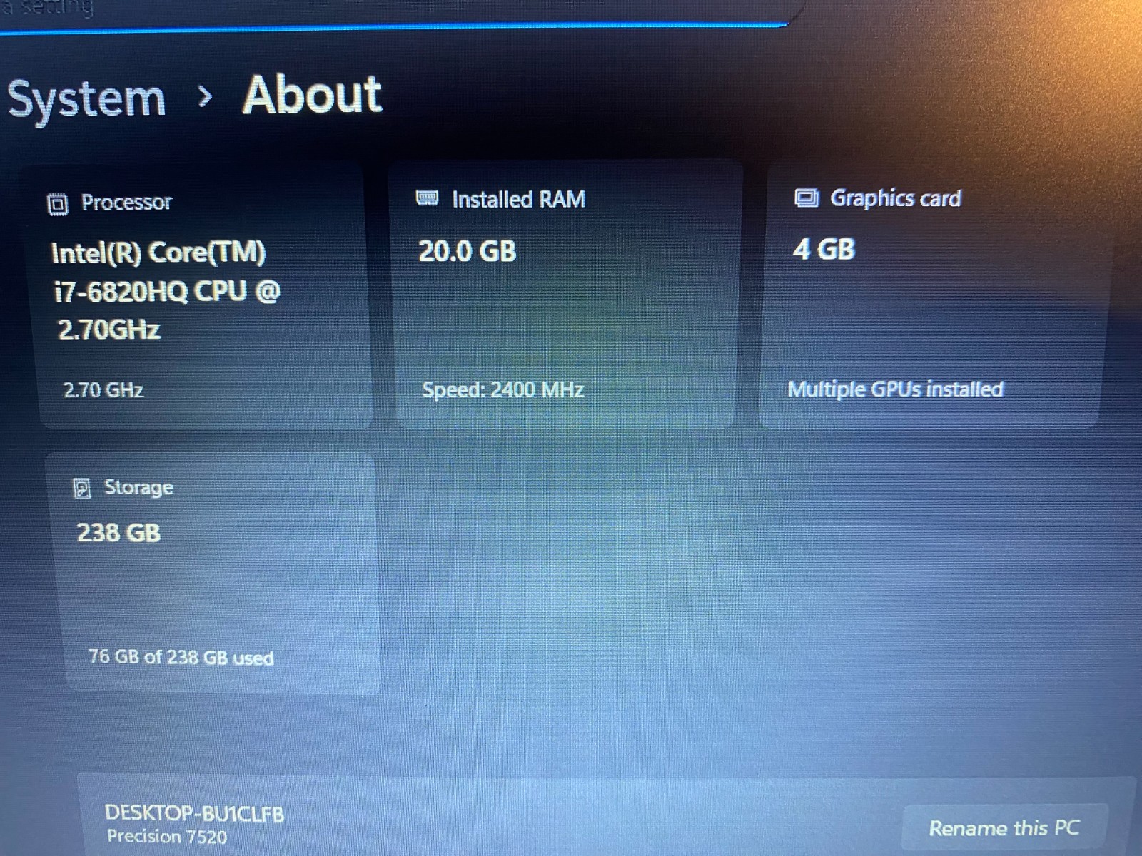 Dell Precision 7520 Intel i7-6820HQ 2.70GHz 256GB SSD, 20GB RAM Win 11/M2200