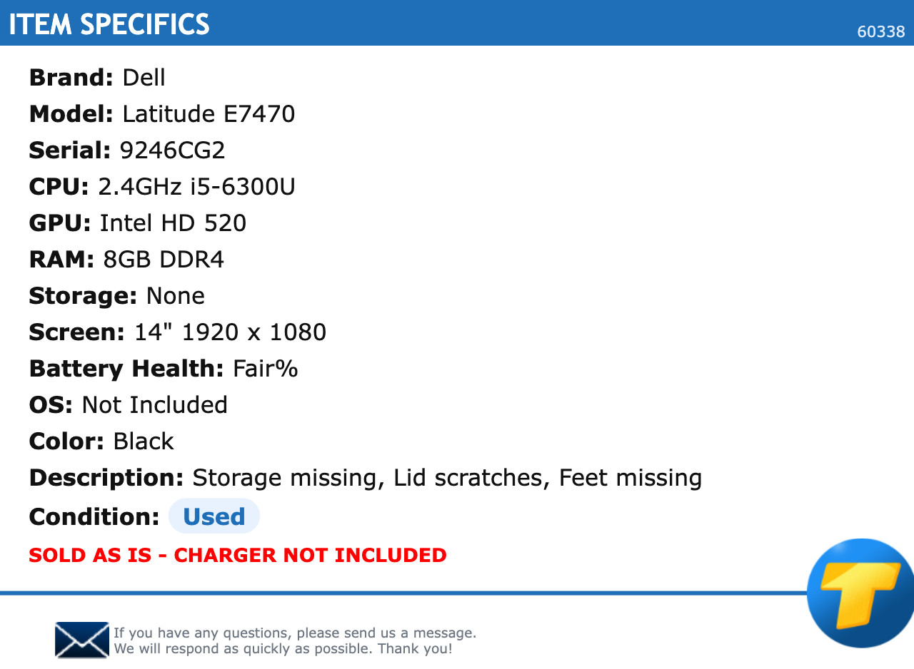 Dell Latitude E7470 – 14″ FHD, 2.4GHz i5, 8GB RAM, NO SSD