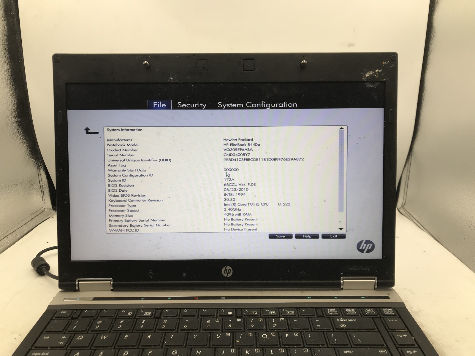 HP ELITEBOOK 8440P – BOOTS TO BIOS – INTEL I5 M520 – NO RAM – 14″ – READ – BB !!