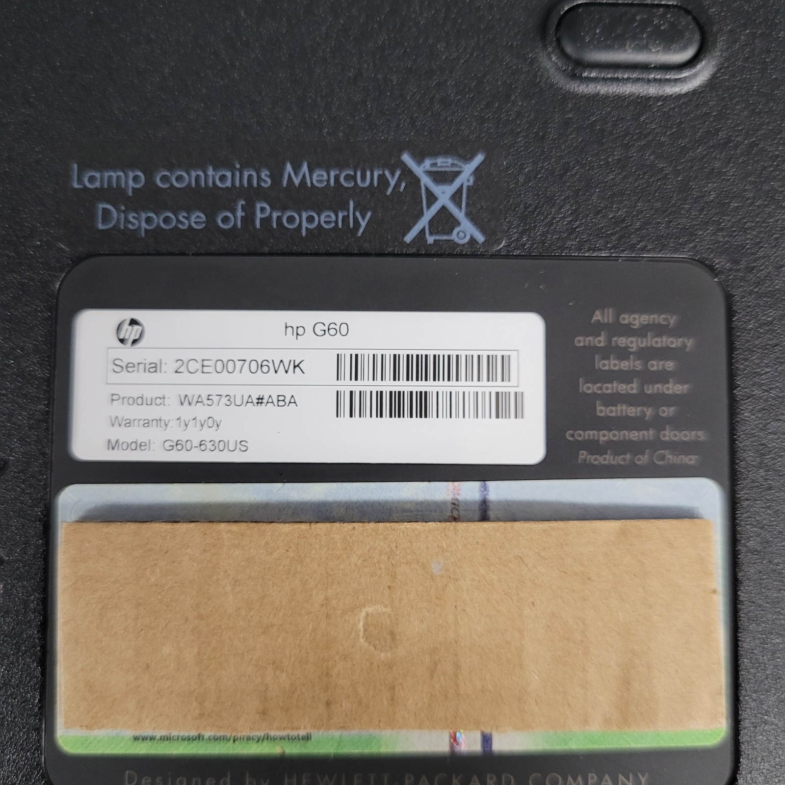 HP Pavilion G60-630GS /Pentium T4400 / 2 GB RAM / NO HDD