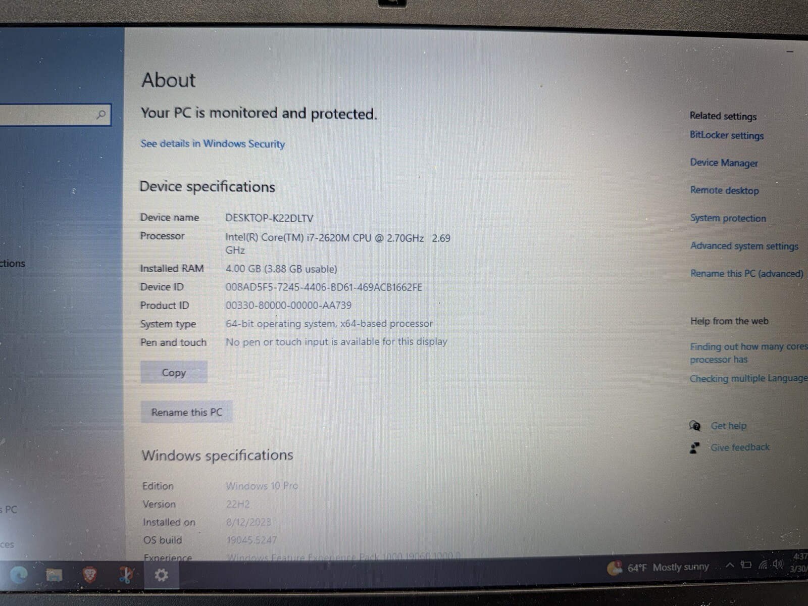 Dell Latitude E6320 13.3″, Core i7-2620M, 2.7GHz, 4GB, No Drive, Dock, W10 Pro