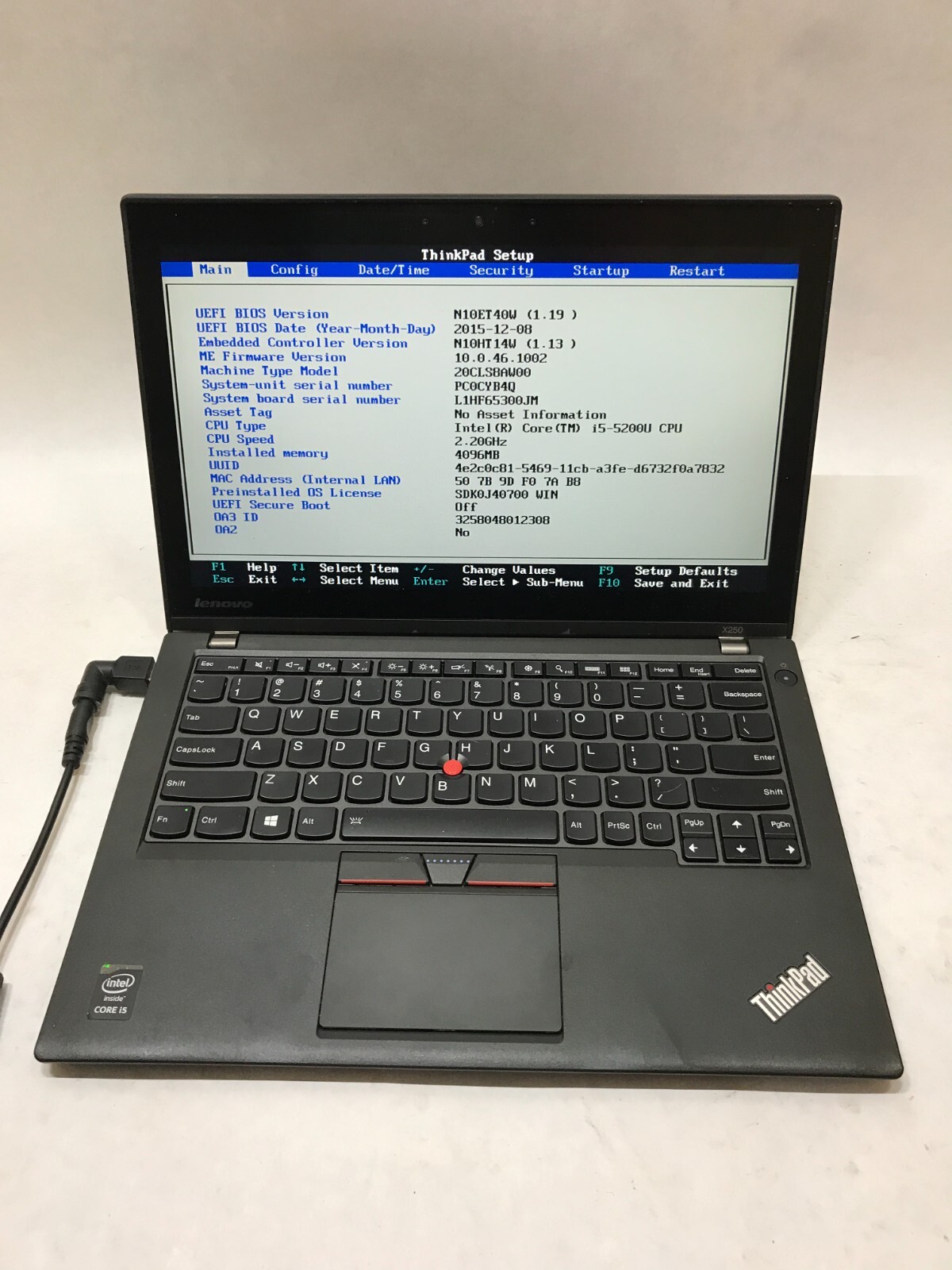 Lenovo ThinkPad X250 12″ Intel i5-5200U NO RAM NO HDD/OS For Parts BIOS LOCK -DW