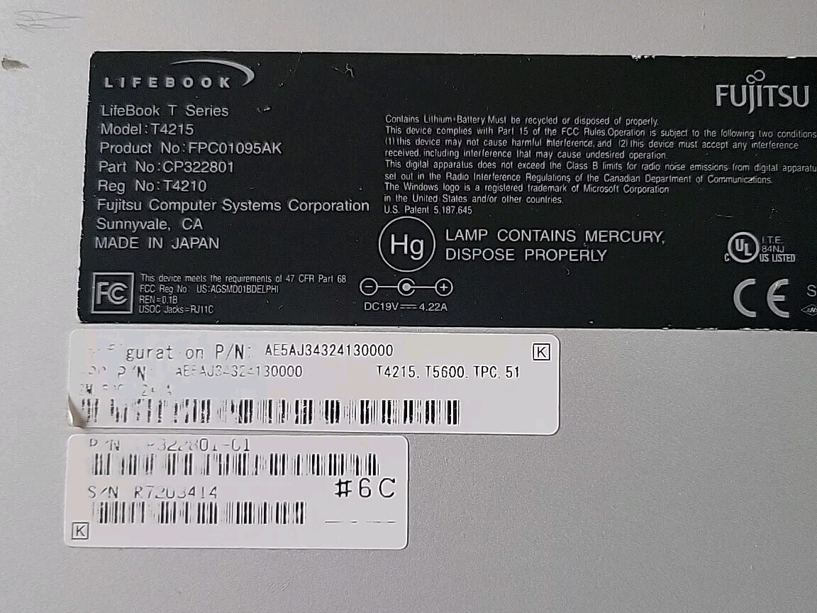 FUJITSU LIFEBOOK T4215 Core 2 T5600 1.83GHz 60GB 512MB RAM*No OS AC Batt #414