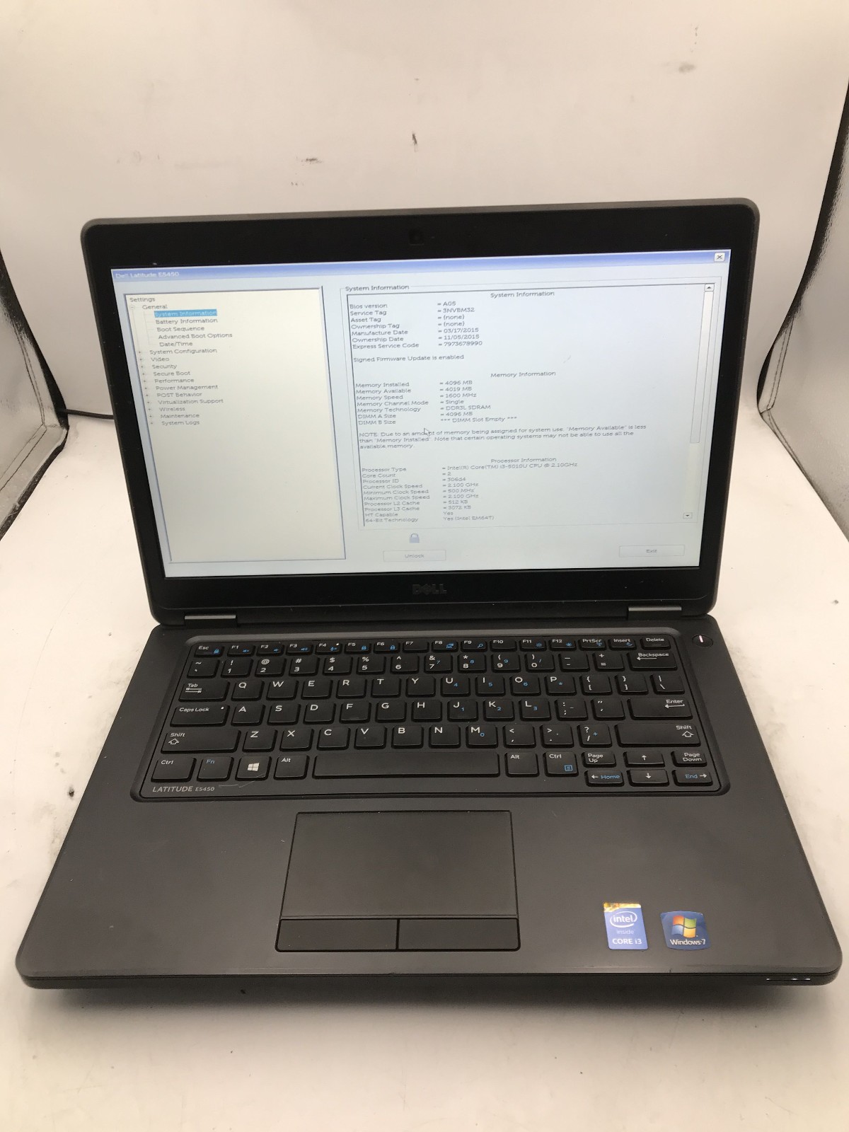DELL LATITUDE E5450 – BOOTS TO BIOS/LOCKED – INTEL I3 5010U – NO RAM – READ – BB