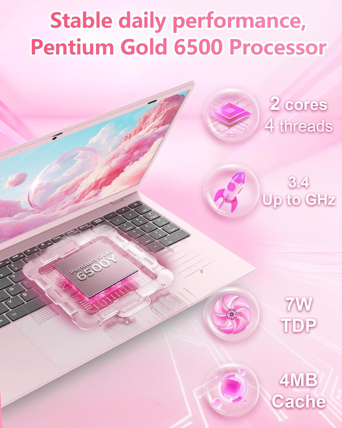 Pink Laptop Computer for Students, 15.6 Inch FHD IPS Display, 12GB RAM 256GB SSD