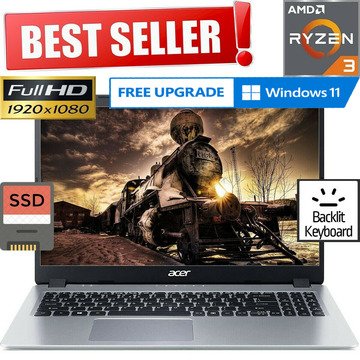 ACER THIN & LIGHT LAPTOP 15.6” 1080P Full-HD AMD RYZEN 3.50GHz 4GB Ram 128GB SSD