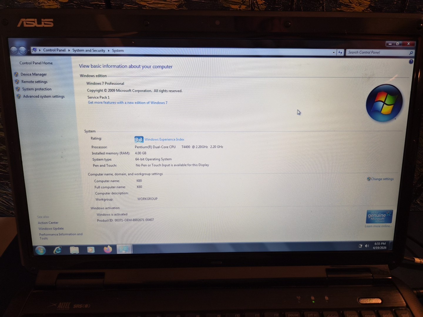 Asus K60I Laptop Intel Pentium Windows 7 Brown Textured Altec Lansing SRS A4