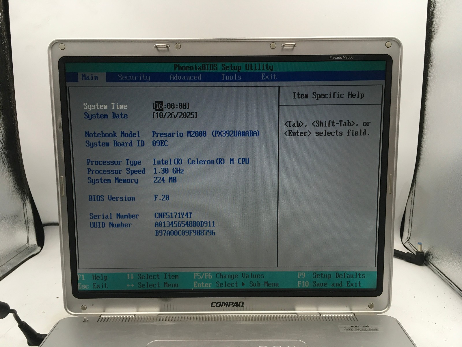 COMPAQ PRESARIO M2000 – BOOTS TO BIOS – INTEL CELERON – 256MB RAM – READ DESC-BB