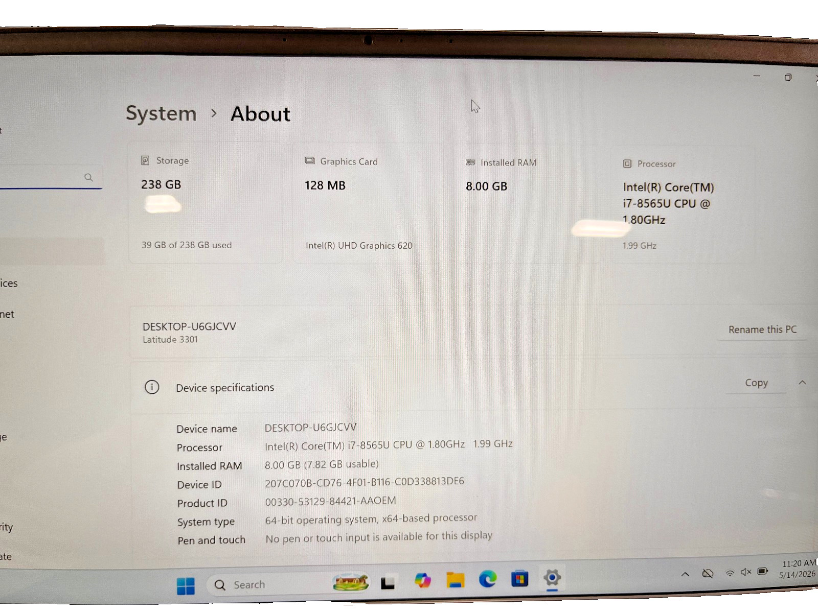 dell latitude 3301 8th gen, intel core i7-8565u,256 m.2 storage, 8gb
