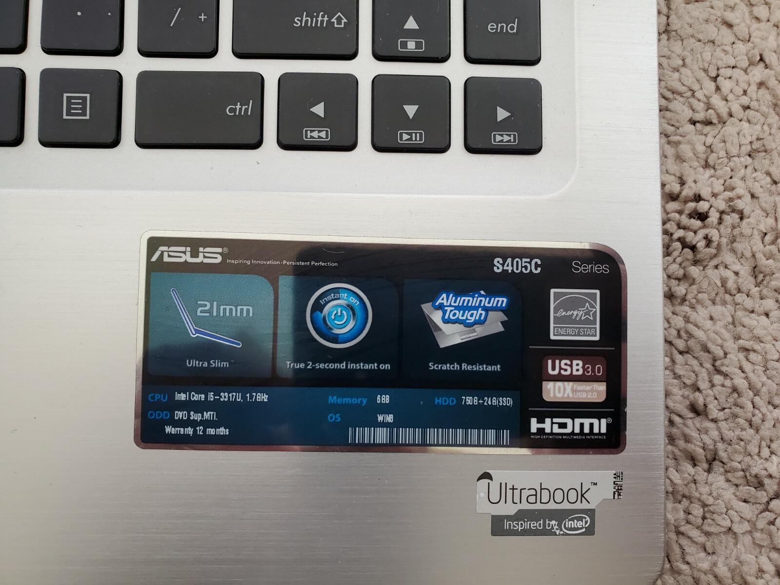 ASUS VivoBook S405CA-RH51 Intel Core i5 3317U 1.70GHz 6GB RAM 480GB SSD 14.1″