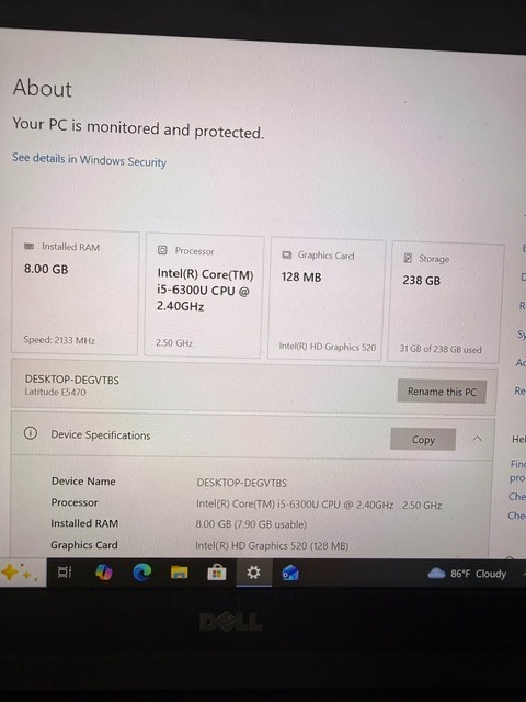 Dell Latitude E5470 i5-6300U 256GB SSD 8GB RAM (No Charger Included)