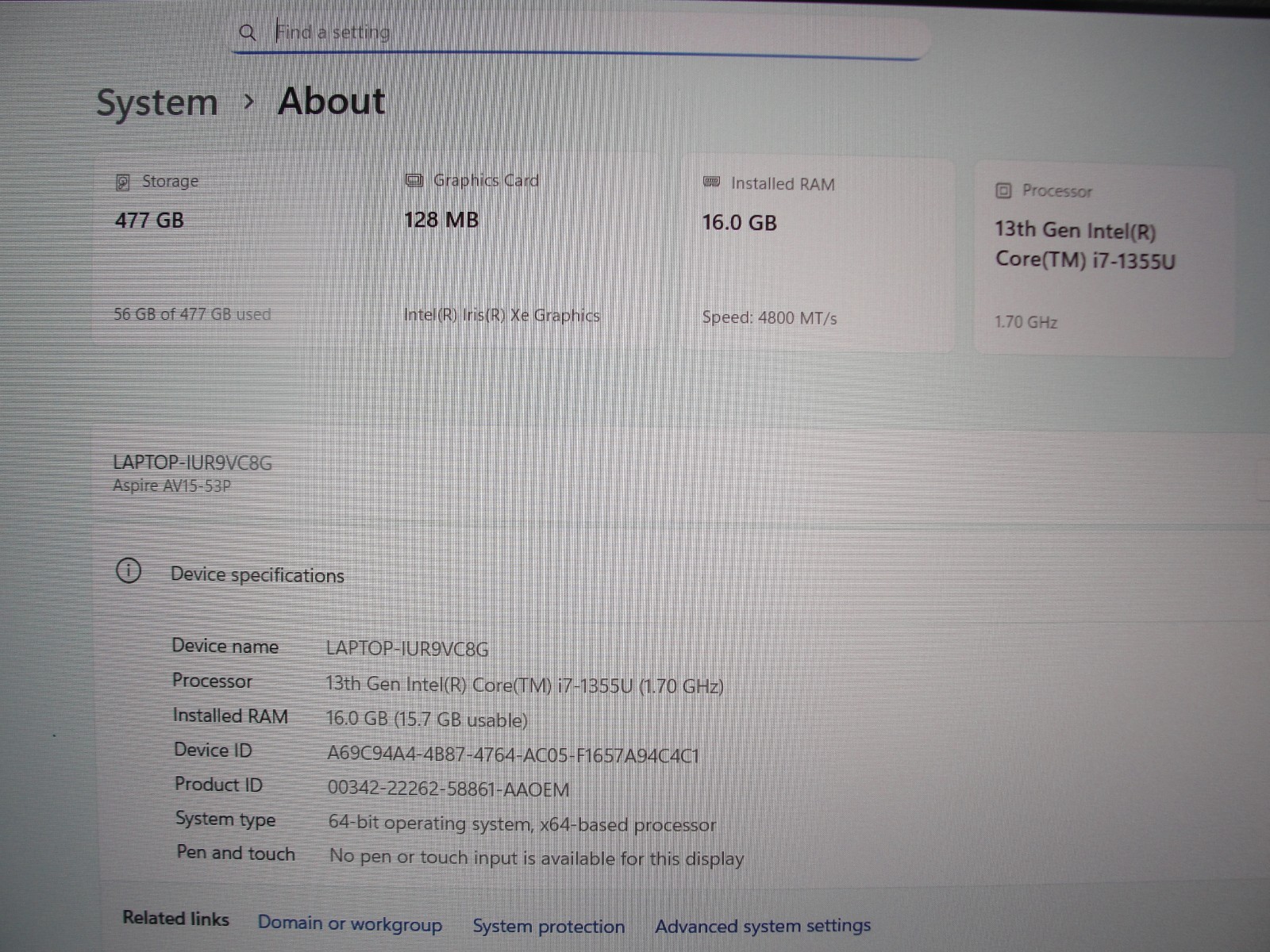 Acer Aspire Vero AV15-53P 15.6″FHD Intel Core i7-1355U 1.7GHz 16GB RAM 512GB SSD