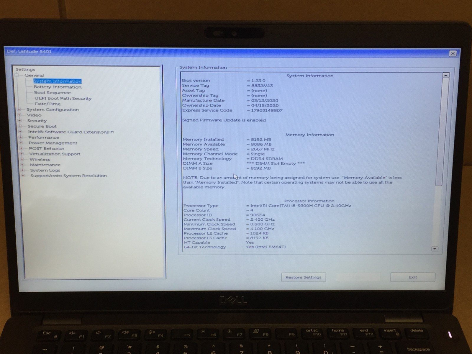 Dell Latitude 5401 14″ Laptop i5-9300H 8GB DDR4 No SSD/AC -READ