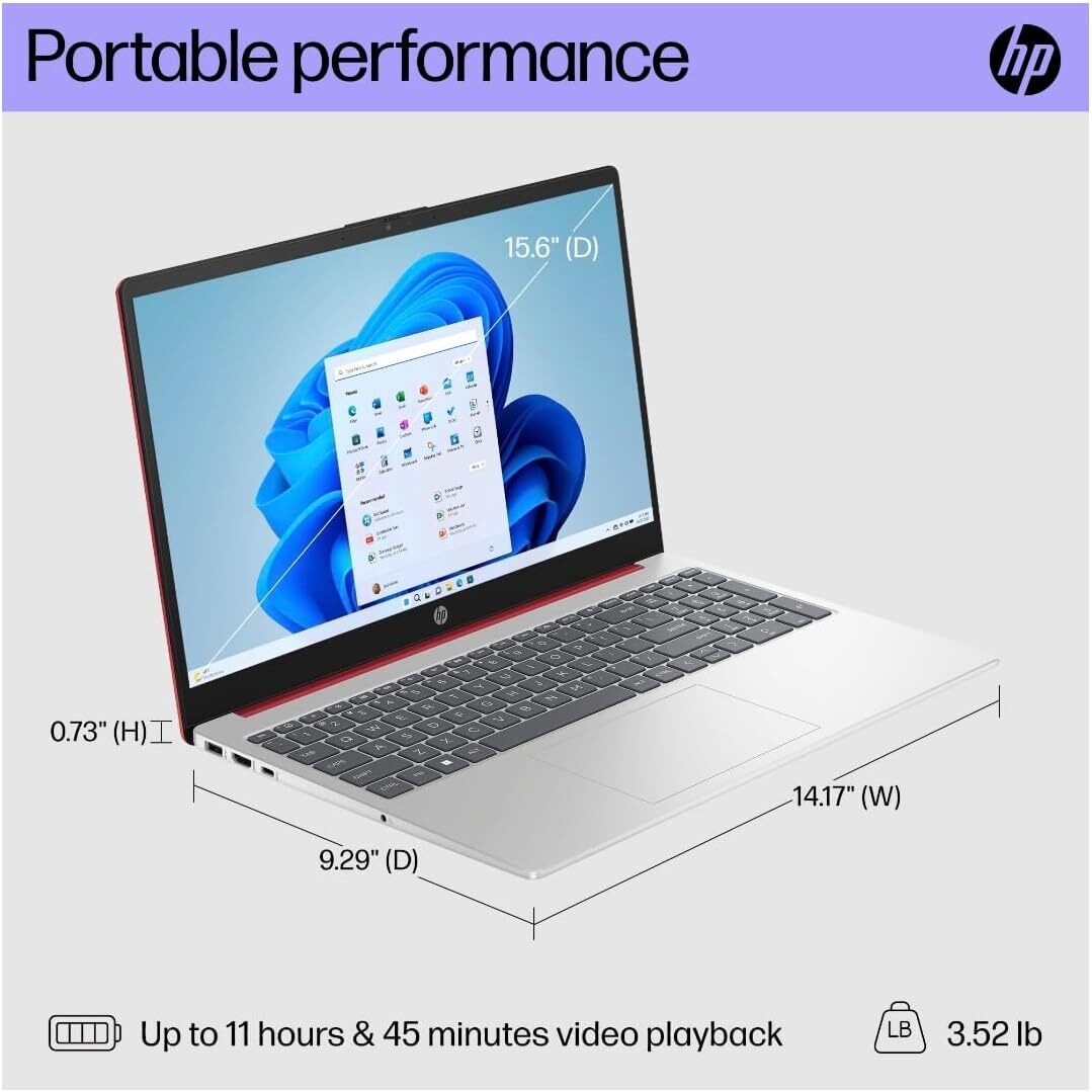 HP 15 Laptop 15.6″ HD Pentium Quad-Core N200 16GB 128GB SSD Webcam Win 10 S Red