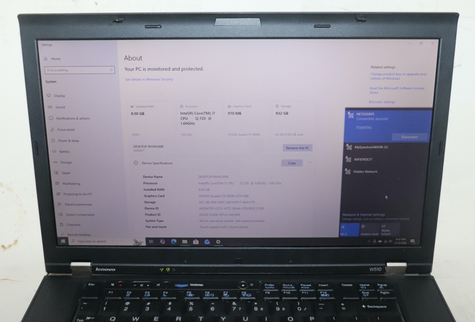 Lenovo ThinkPad W510|Core i7@1.60 GHz|8GB RAM 1TBHDD|WIN 10.PROF|NVIDI|WiFi