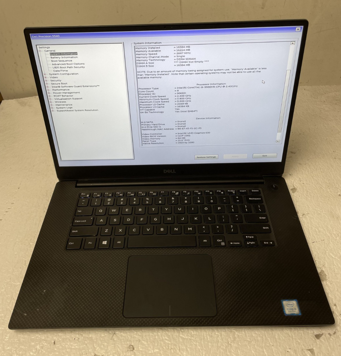 DELL Precision 5540 Intel Core i9-9980HK @2.40GHz 16GB RAM NO SSD Parts *READ
