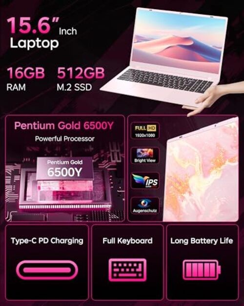 Pink Laptop, 16GB RAM 512GB SSD Laptops with Pentium Gold 6500Y (Up to