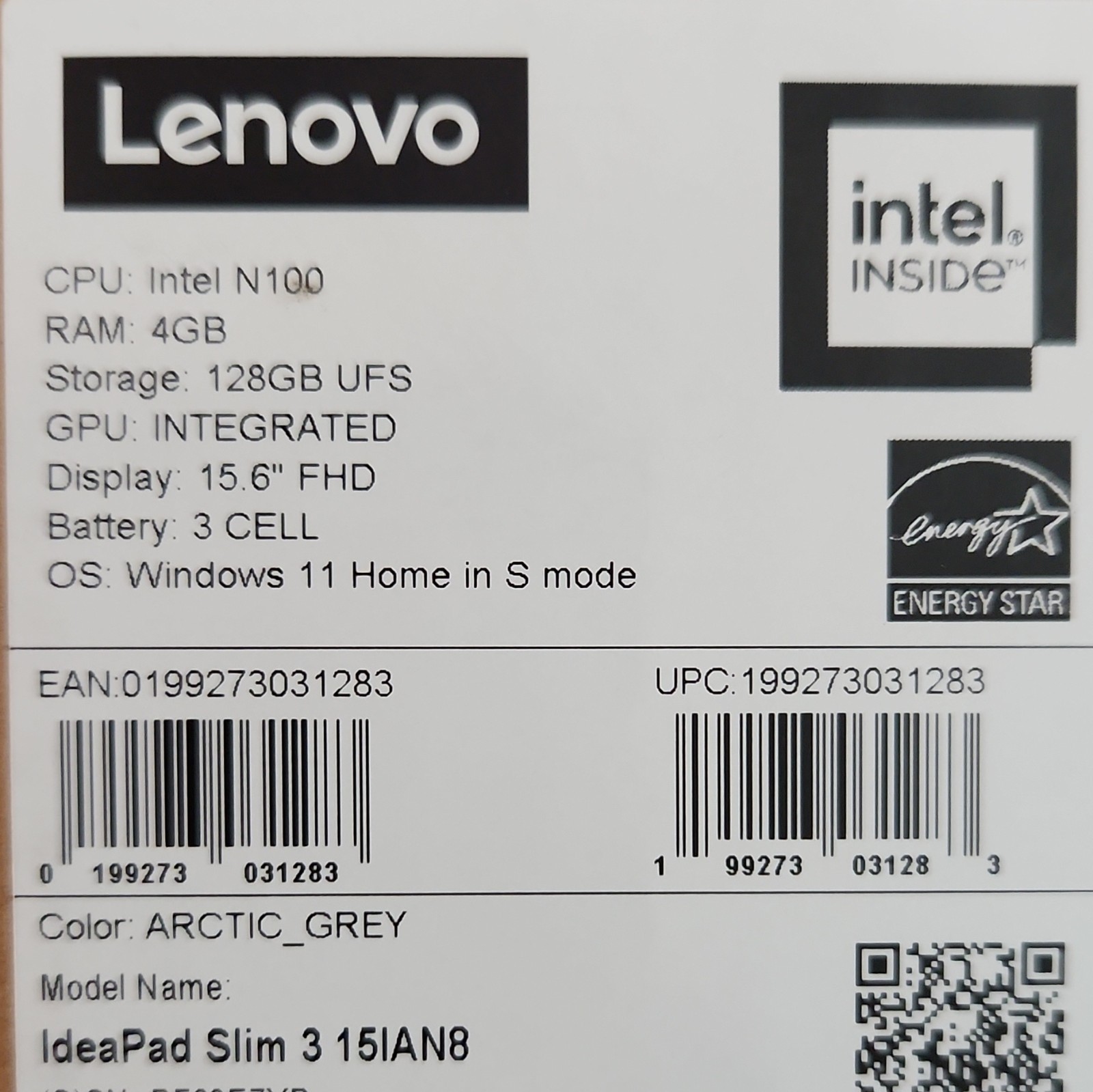 Lenovo IP Slim 3i 15in Laptop Intel N100 4GB RAM 128GB SSD Arctic Grey NEW
