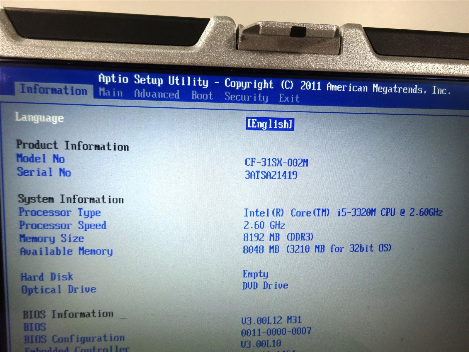 Panasonic CF-31 MK3 Core i5-3320M 2.6GHz 8GB DDR3 – No HDD
