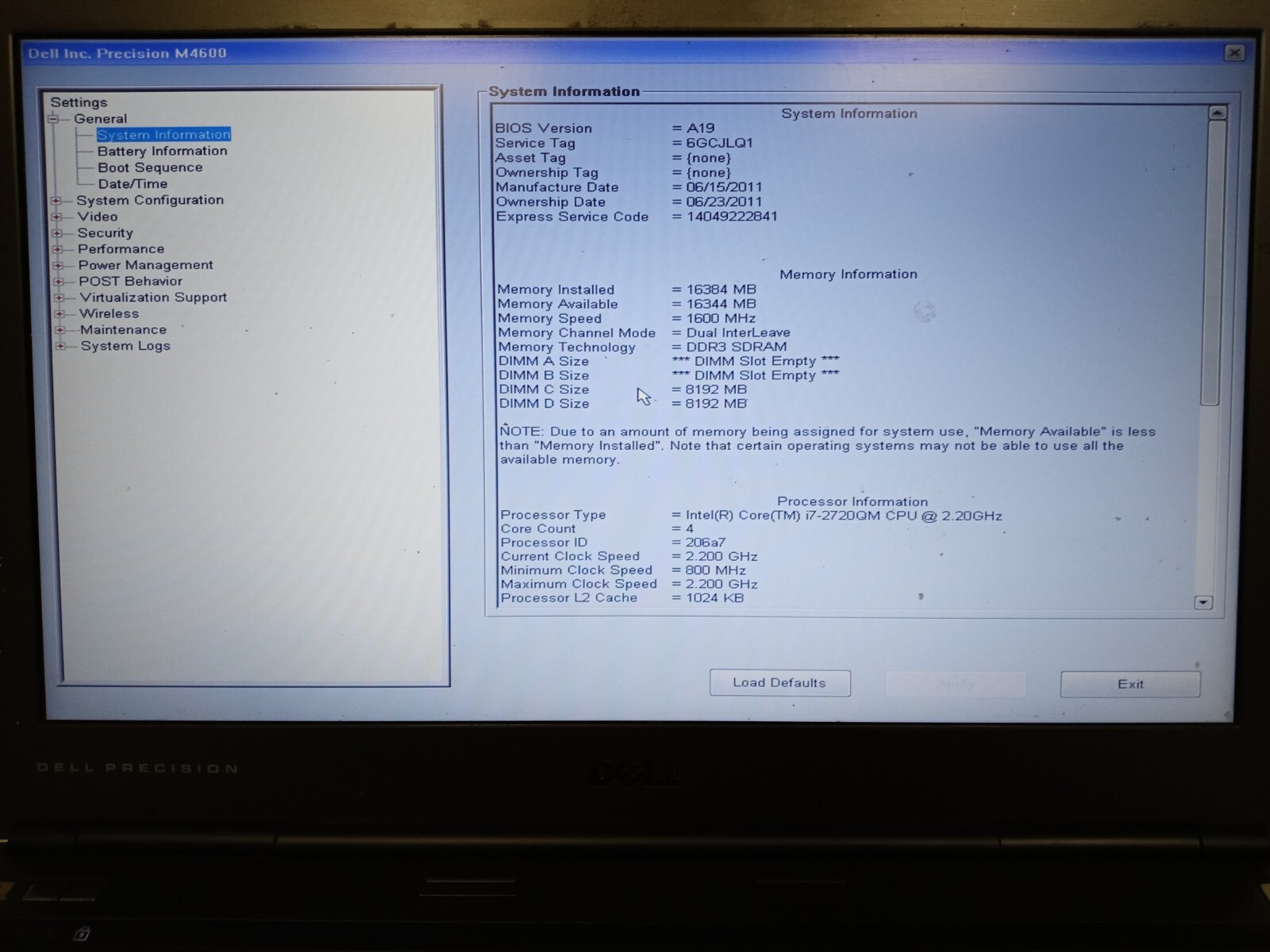 DELL PRECISION M4600 INTEL CORE I7-2720QM 2.20GHZ 16GB RAM NO HDD NO ADAPTER