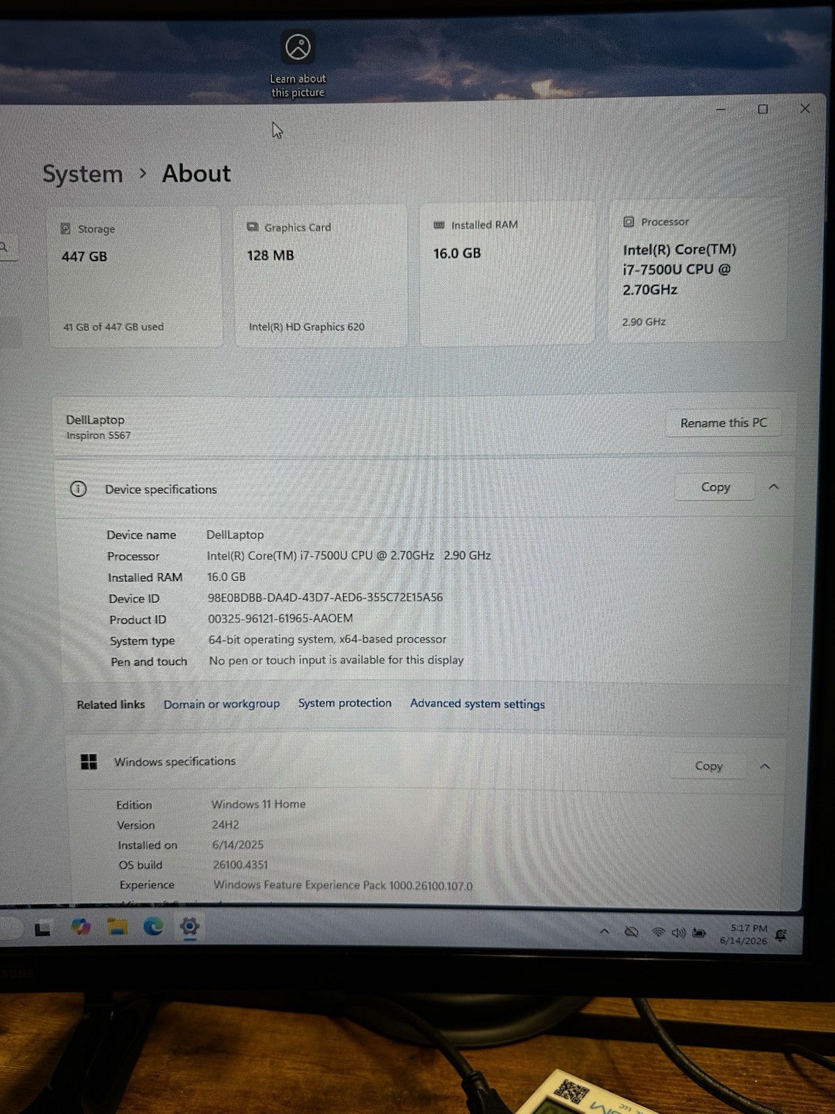 Dell Inspiron 5567 15″ i7-7500U 16GB 447GB HDD Win 11 Home HD 620