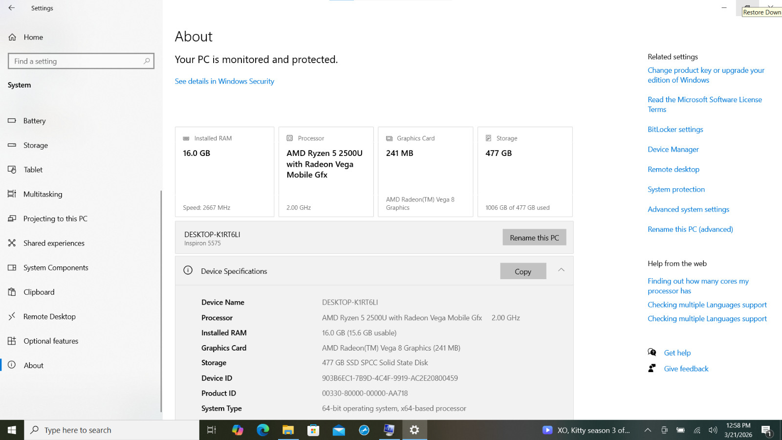 Dell Inspiron 5575 – AMD Ryzen 5 – 16GB RAM – 512GB SSD Windows 10 Pro